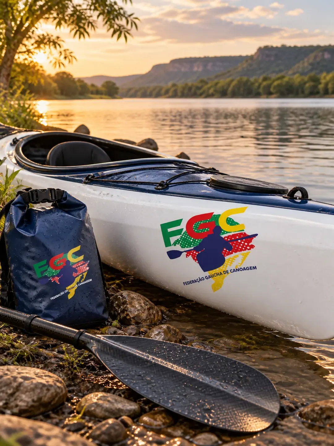 Caiaque e bolsa estanque com a marca da FGC na margem do rio, ao pôr do sol